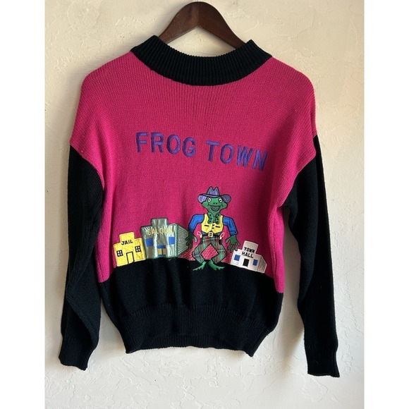 Fashion Force Sweaters - Rare Vintage Fashion Force Frog Town Novelty Sweater S Kitsch Western Appliqué
